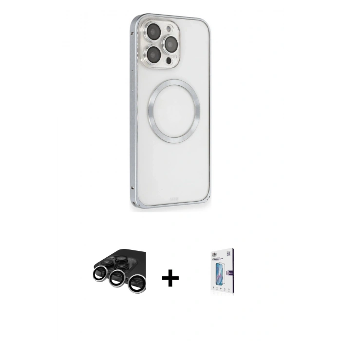 MARSİLYAN™- iPhone 15 Pro Kılıf Ahenk Işık Serisi - Siyah Bilvis 0.18mm Plus Cam Ekran Koruyucu + Gümüş Raze Metal Kamera Lens