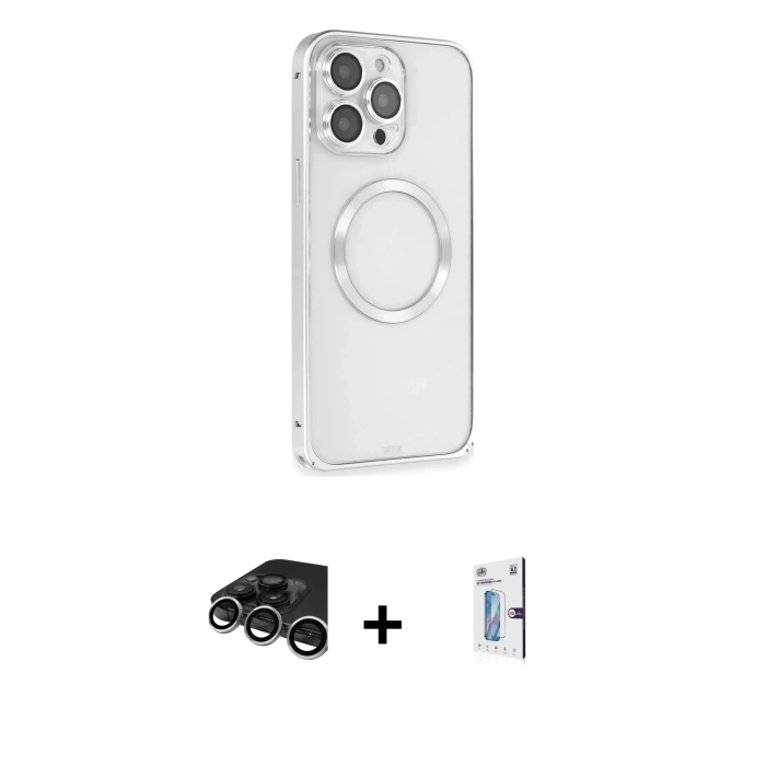 MARSİLYAN™- iPhone 15 Pro Kılıf Ahenk Işık Serisi - Siyah Bilvis 0.18mm Plus Cam Ekran Koruyucu + Gümüş Raze Metal Kamera Lens