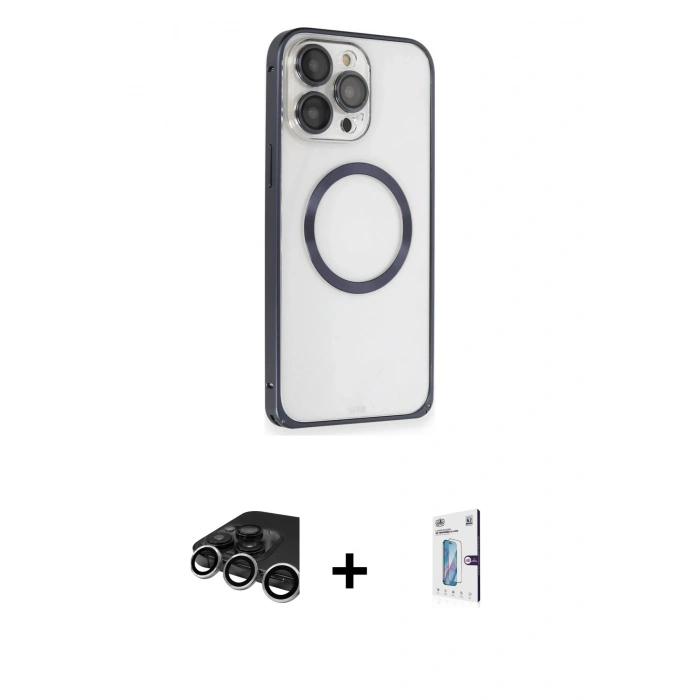 MARSİLYAN™- iPhone 15 Pro Kılıf Ahenk Işık Serisi - Siyah Bilvis 0.18mm Plus Cam Ekran Koruyucu + Gümüş Raze Metal Kamera Lens