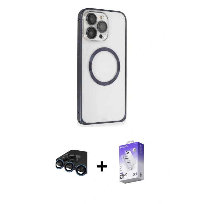 MARSİLYAN™- iPhone 15 Pro Kılıf Ahenk Işık Serisi - Siyah Bilvis 5in1 3D Magic Cam Ekran Koruyucu + Raze Metal Kamera Lens - LT