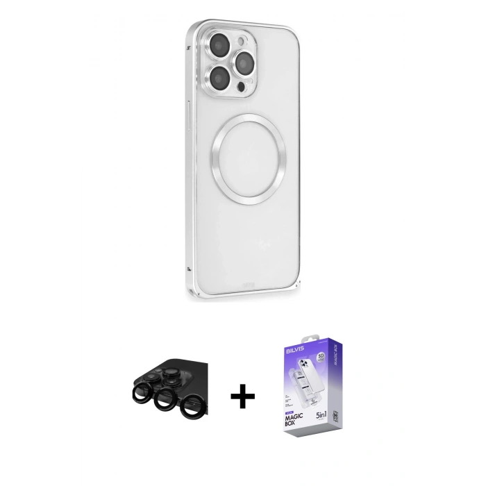MARSİLYAN™- iPhone 15 Pro Kılıf Ahenk Işık Serisi - Siyah Bilvis 5in1 3D Magic Cam Ekran Koruyucu + Raze Metal Kamera Lens - SH