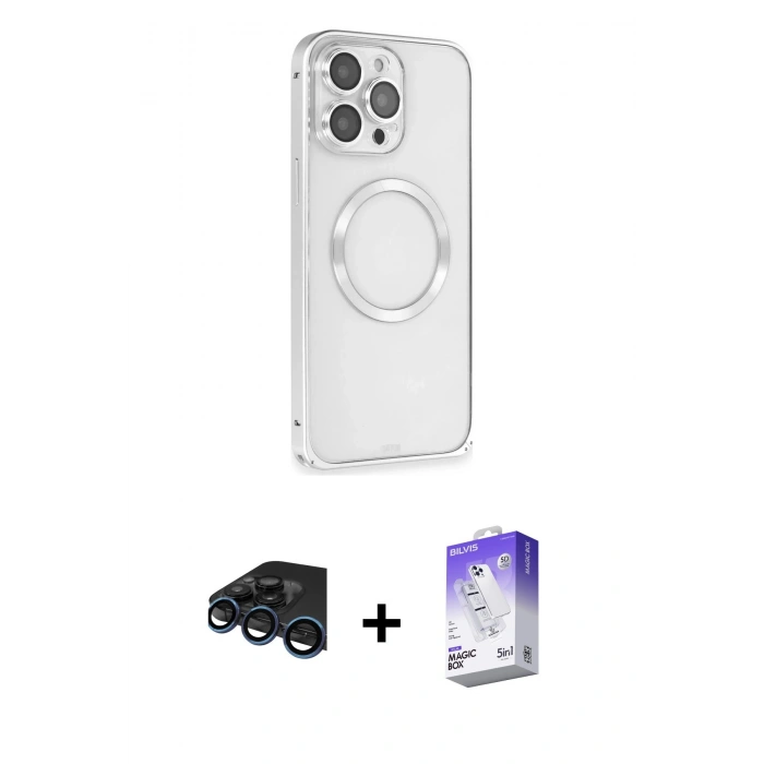 MARSİLYAN™- iPhone 15 Pro Kılıf Ahenk Işık Serisi - Siyah Bilvis 5in1 3D Magic Cam Ekran Koruyucu + Raze Metal Kamera Lens - LT
