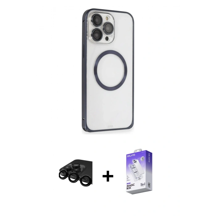 MARSİLYAN™- iPhone 15 Pro Kılıf Ahenk Işık Serisi - Siyah Bilvis 5in1 3D Magic Cam Ekran Koruyucu + Raze Metal Kamera Lens - SH
