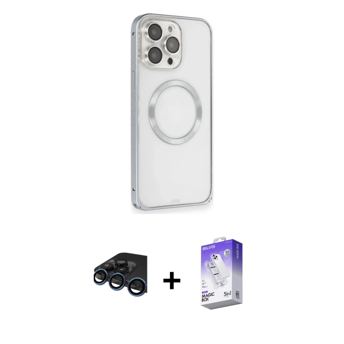 MARSİLYAN™- iPhone 15 Pro Kılıf Ahenk Işık Serisi - Siyah Bilvis 5in1 3D Magic Cam Ekran Koruyucu + Raze Metal Kamera Lens - LT