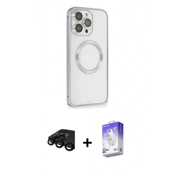 MARSİLYAN™- iPhone 15 Pro Kılıf Ahenk Işık Serisi - Siyah Bilvis 5in1 3D Magic Cam Ekran Koruyucu + Raze Metal Kamera Lens - SH