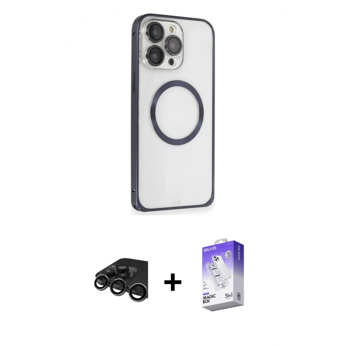 MARSİLYAN™- iPhone 15 Pro Kılıf Ahenk Işık Serisi - Siyah Bilvis 5in1 3D Magic Cam Ekran Koruyucu + Raze Metal Kamera Lens - TMGI