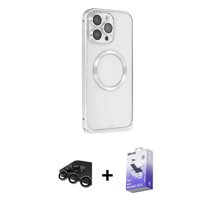 MARSİLYAN™- iPhone 15 Pro Kılıf Ahenk Işık Serisi - Siyah Bilvis 5in1 5D Magic Hayalet Cam Ekran Koruyucu + Raze Metal Kamera Lens - TMGI