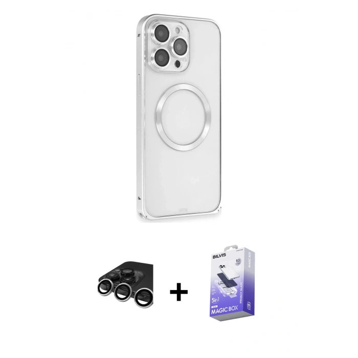 MARSİLYAN™- iPhone 15 Pro Kılıf Ahenk Işık Serisi - Siyah Bilvis 5in1 5D Magic Hayalet Cam Ekran Koruyucu + Raze Metal Kamera Lens - GS