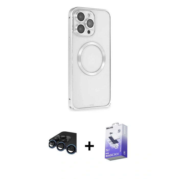 MARSİLYAN™- iPhone 15 Pro Kılıf Ahenk Işık Serisi - Siyah Bilvis 5in1 5D Magic Hayalet Cam Ekran Koruyucu + Raze Metal Kamera Lens - LT