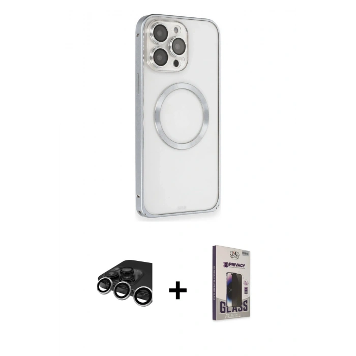 MARSİLYAN™- iPhone 15 Pro Kılıf Ahenk Işık Serisi - Siyah Bilvis Hayalet Cam Ekran Koruyucu + Raze Metal Kamera Lens - GS
