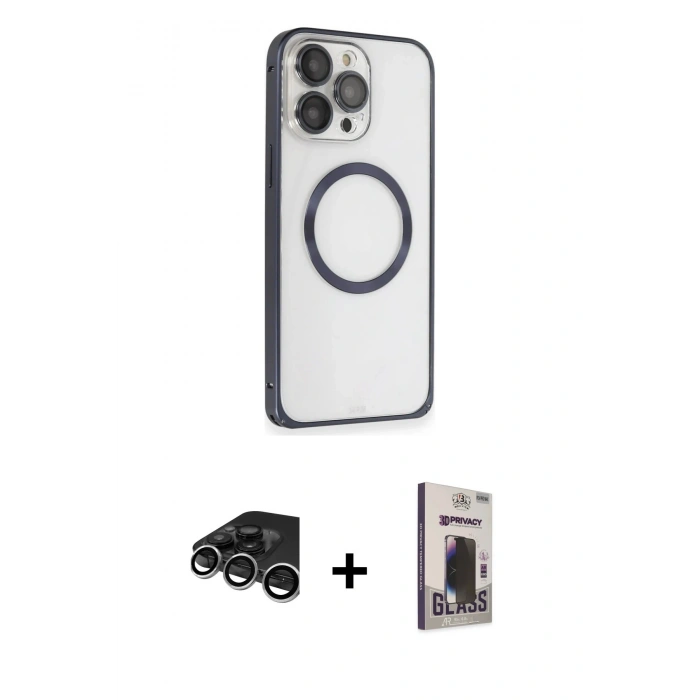 MARSİLYAN™- iPhone 15 Pro Kılıf Ahenk Işık Serisi - Siyah Bilvis Hayalet Cam Ekran Koruyucu + Raze Metal Kamera Lens - GS