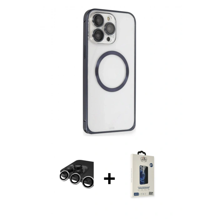 MARSİLYAN™- iPhone 15 Pro Kılıf Ahenk Işık Serisi - Siyah Bilvis Hayalet Cam Ekran Koruyucu + Raze Metal Kamera Lens - GS