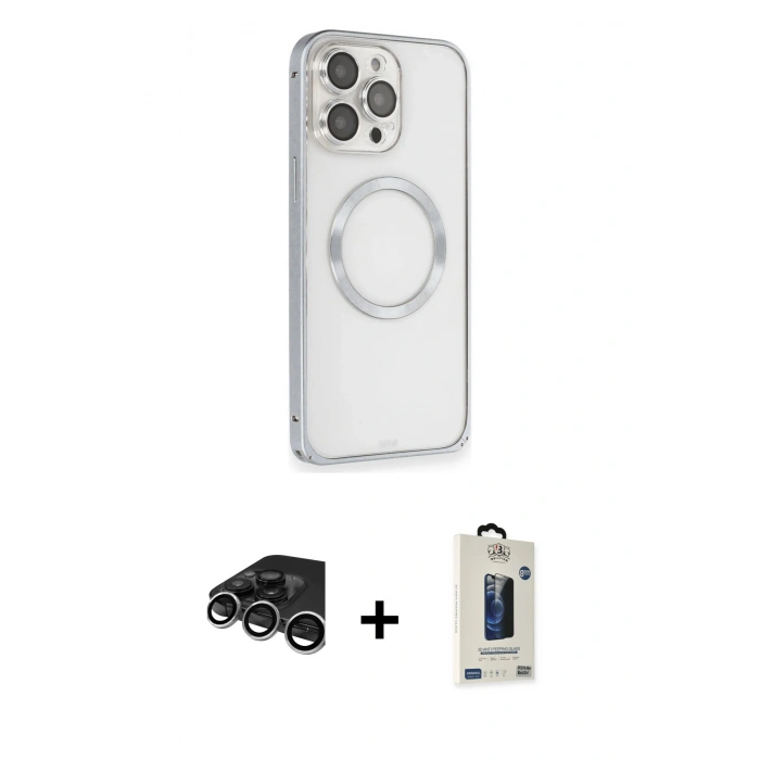MARSİLYAN™- iPhone 15 Pro Kılıf Ahenk Işık Serisi - Siyah Bilvis Hayalet Cam Ekran Koruyucu + Raze Metal Kamera Lens - GS