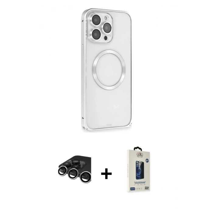 MARSİLYAN™- iPhone 15 Pro Kılıf Ahenk Işık Serisi - Siyah Bilvis Hayalet Cam Ekran Koruyucu + Raze Metal Kamera Lens - GS