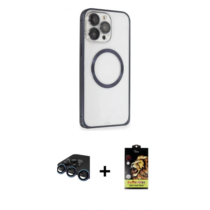 MARSİLYAN™- iPhone 15 Pro Kılıf Ahenk Işık Serisi - Siyah Buffer Cam Ekran Koruyucu + Raze Metal Kamera Lens - LT