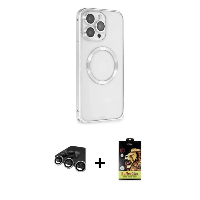 MARSİLYAN™- iPhone 15 Pro Kılıf Ahenk Işık Serisi - Siyah Buffer Cam Ekran Koruyucu + Raze Metal Kamera Lens - GS