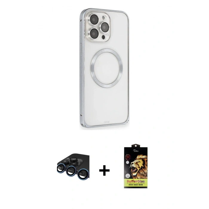MARSİLYAN™- iPhone 15 Pro Kılıf Ahenk Işık Serisi - Siyah Buffer Cam Ekran Koruyucu + Raze Metal Kamera Lens - LT