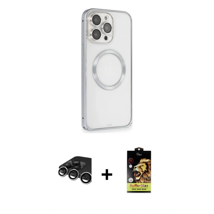 MARSİLYAN™- iPhone 15 Pro Kılıf Ahenk Işık Serisi - Siyah Buffer Cam Ekran Koruyucu + Raze Metal Kamera Lens - GS