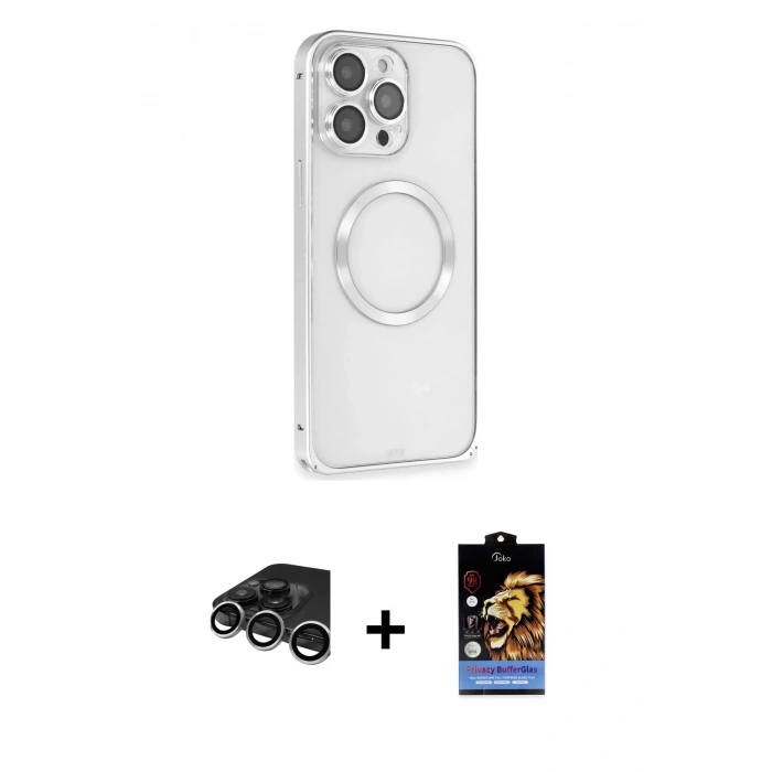 MARSİLYAN™- iPhone 15 Pro Kılıf Ahenk Işık Serisi - Siyah Buffer Hayalet Cam Ekran Koruyucu + Raze Metal Kamera Lens - GS