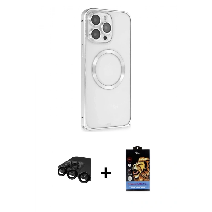 MARSİLYAN™- iPhone 15 Pro Kılıf Ahenk Işık Serisi - Siyah Buffer Hayalet Cam Ekran Koruyucu + Raze Metal Kamera Lens - SH