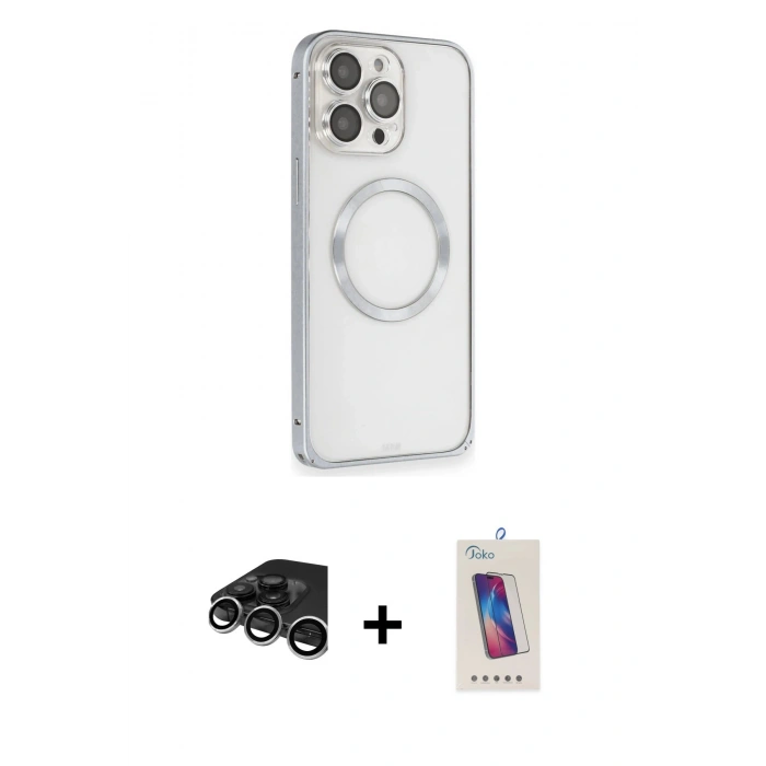 MARSİLYAN™- iPhone 15 Pro Kılıf Ahenk Işık Serisi - Siyah Joko 5D Cam + Raze Metal Kamera Lens - GS