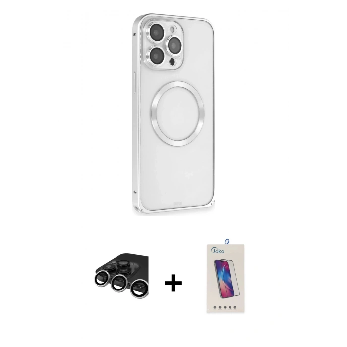 MARSİLYAN™- iPhone 15 Pro Kılıf Ahenk Işık Serisi - Siyah Joko 5D Cam + Raze Metal Kamera Lens - GS