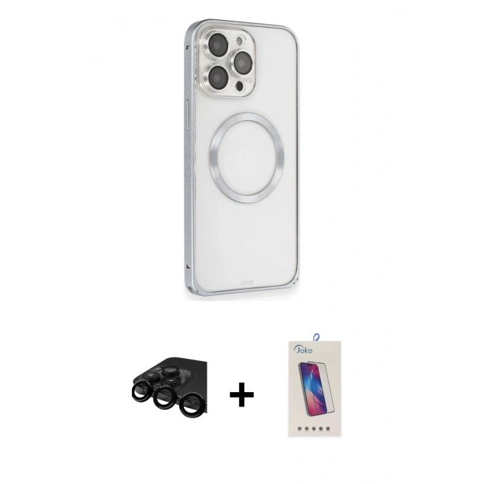 MARSİLYAN™- iPhone 15 Pro Kılıf Ahenk Işık Serisi - Siyah Joko 5D Cam + Raze Metal Kamera Lens - SH