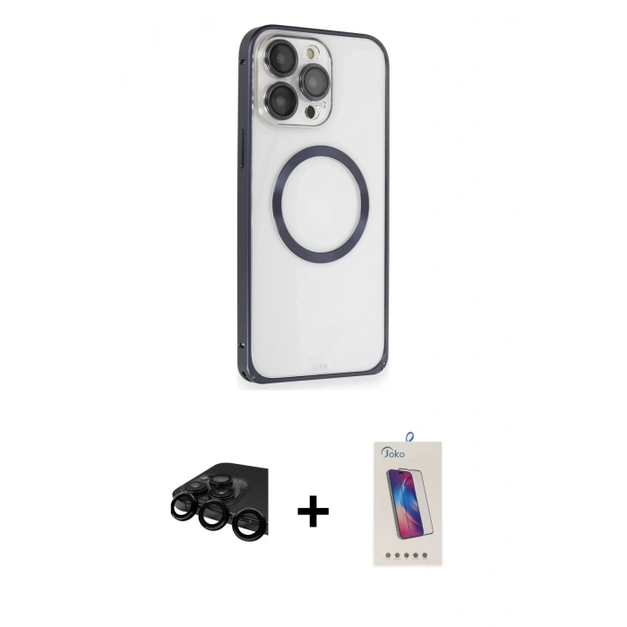 MARSİLYAN™- iPhone 15 Pro Kılıf Ahenk Işık Serisi - Siyah Joko 5D Cam + Raze Metal Kamera Lens - SH