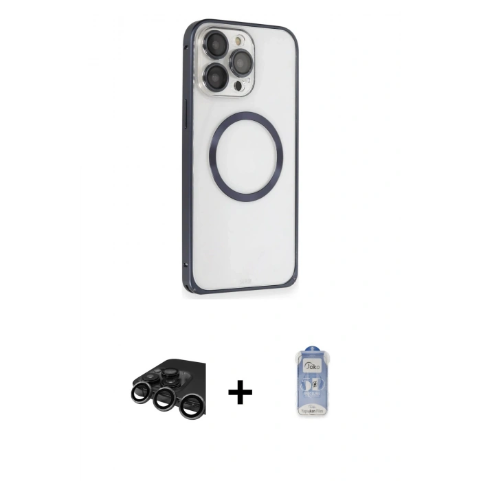 MARSİLYAN™- iPhone 15 Pro Kılıf Ahenk Işık Serisi - Siyah Joko Magic 5D Cam + Raze Metal Kamera Lens - TMGI