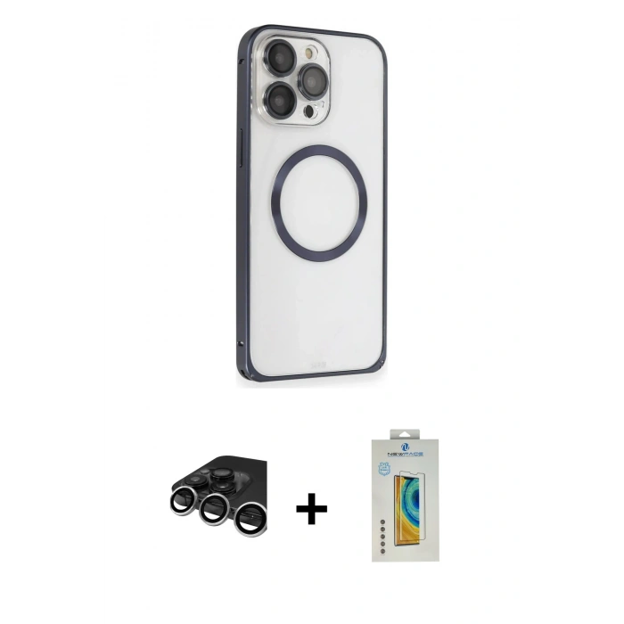 MARSİLYAN™- iPhone 15 Pro Kılıf Ahenk Işık Serisi - Siyah Polymer Nano Ekran Koruyucu + Raze Metal Kamera Lens - GS