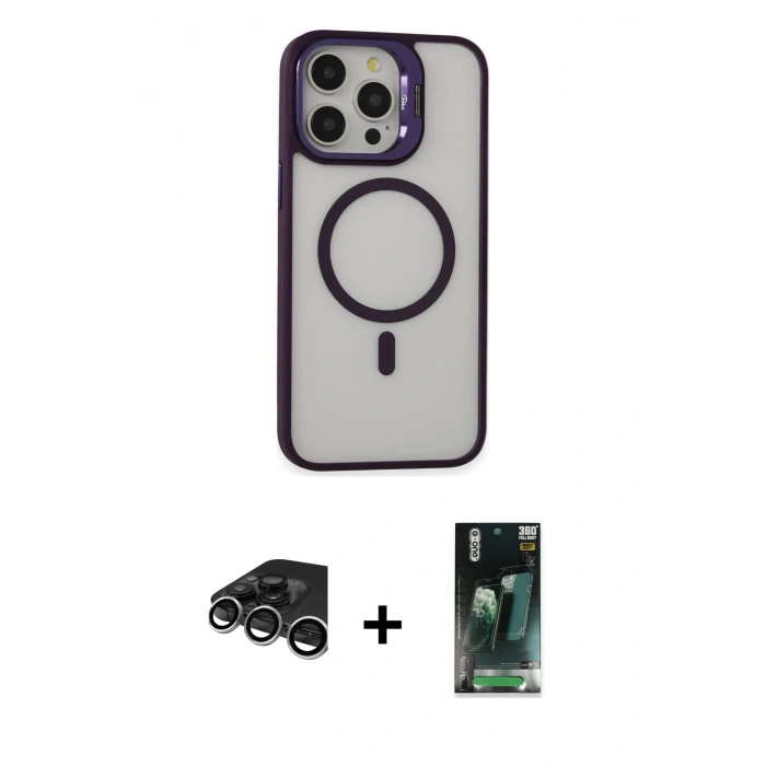 MARSİLYAN™- iPhone 15 Pro Kılıf Ahenk Klasik Özel Seri - Şeffaf 360 Full Body Arka Koruyucu + Gümüş Raze Metal Kamera Lens