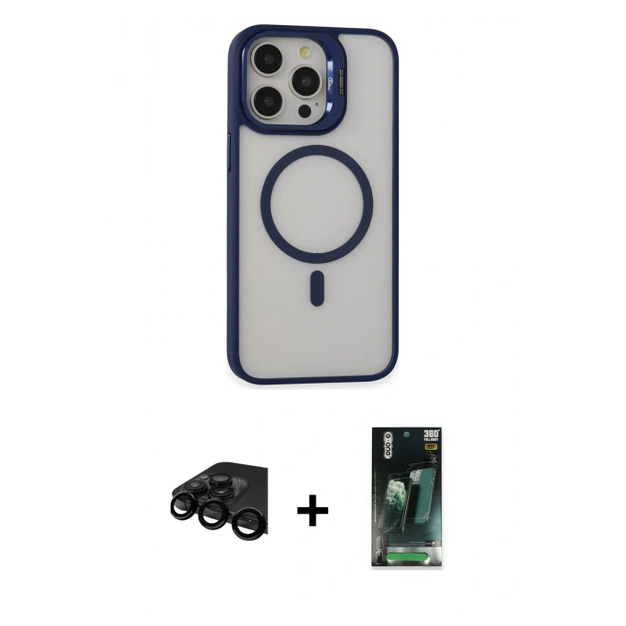 MARSİLYAN™- iPhone 15 Pro Kılıf Ahenk Klasik Özel Seri - Şeffaf 360 Full Body Arka Koruyucu + Raze Metal Kamera Lens - SH