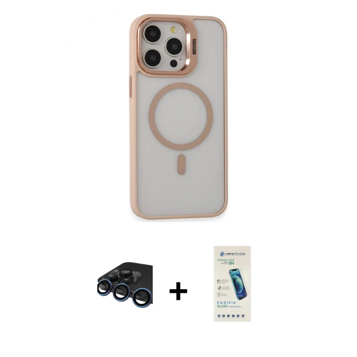 MARSİLYAN™- iPhone 15 Pro Kılıf Ahenk Klasik Özel Seri - Şeffaf Pasifik Cam Ekran Koruyucu + Raze Metal Kamera Lens - LT