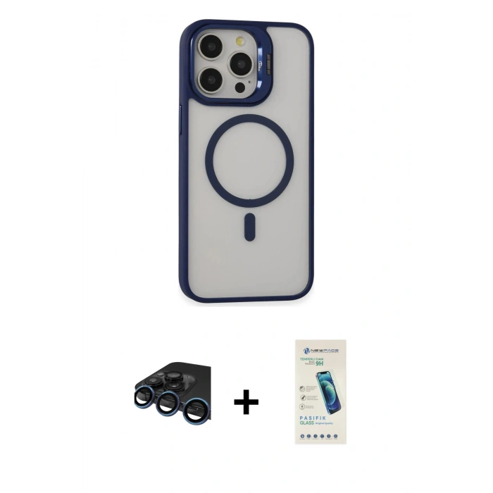 MARSİLYAN™- iPhone 15 Pro Kılıf Ahenk Klasik Özel Seri - Şeffaf Pasifik Cam Ekran Koruyucu + Raze Metal Kamera Lens - LT