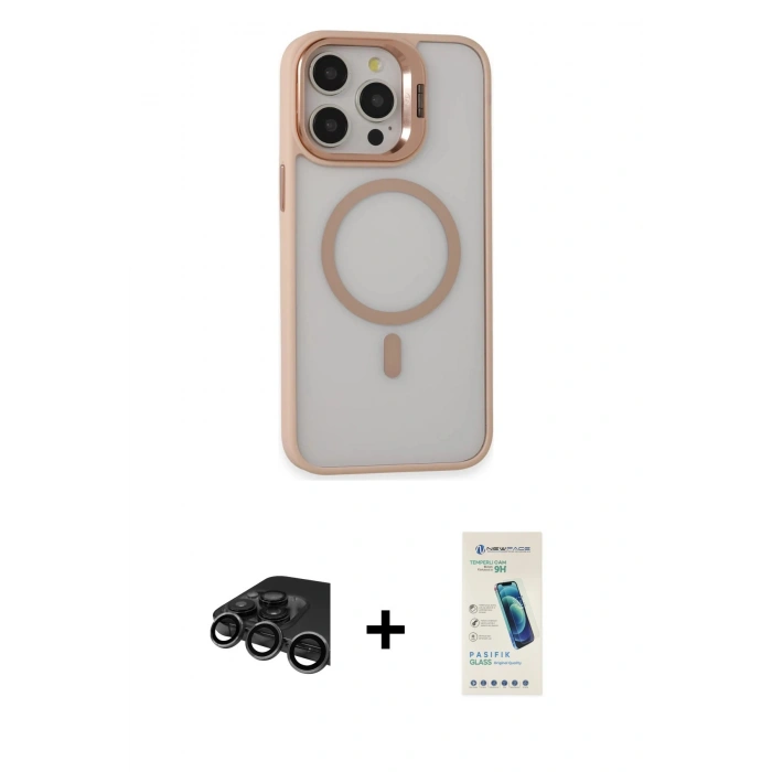 MARSİLYAN™- iPhone 15 Pro Kılıf Ahenk Klasik Özel Seri - Şeffaf Pasifik Cam Ekran Koruyucu + Raze Metal Kamera Lens - TMGI