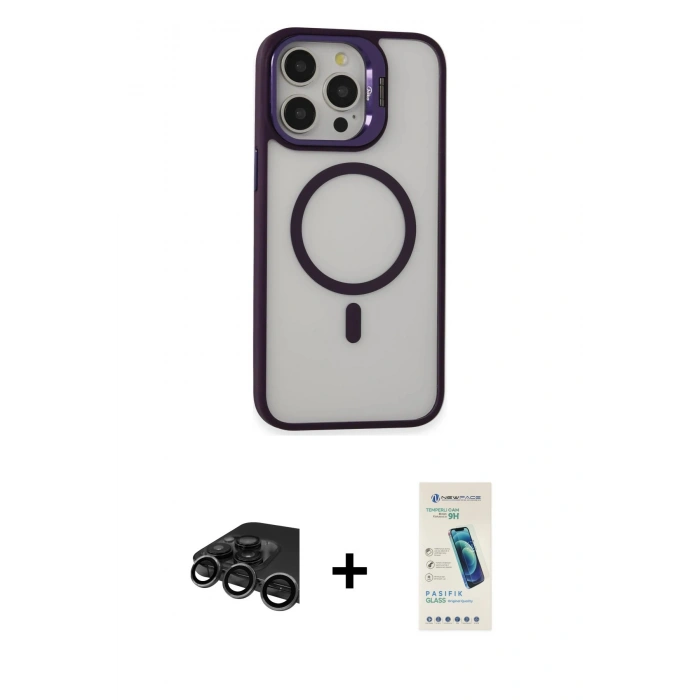 MARSİLYAN™- iPhone 15 Pro Kılıf Ahenk Klasik Özel Seri - Şeffaf Pasifik Cam Ekran Koruyucu + Raze Metal Kamera Lens - TMGI