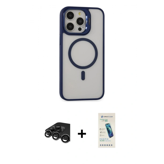 MARSİLYAN™- iPhone 15 Pro Kılıf Ahenk Klasik Özel Seri - Şeffaf Pasifik Cam Ekran Koruyucu + Raze Metal Kamera Lens - TMGI