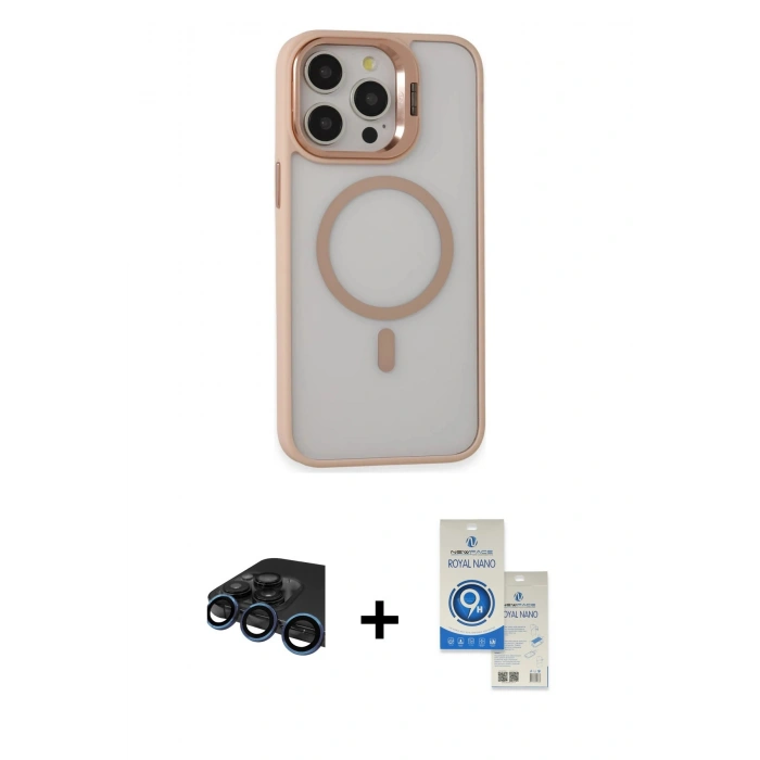 MARSİLYAN™- iPhone 15 Pro Kılıf Ahenk Klasik Özel Seri - Şeffaf Royal Nano Ekran Koruyucu + Raze Metal Kamera Lens - LT