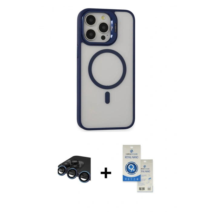 MARSİLYAN™- iPhone 15 Pro Kılıf Ahenk Klasik Özel Seri - Şeffaf Royal Nano Ekran Koruyucu + Raze Metal Kamera Lens - LT