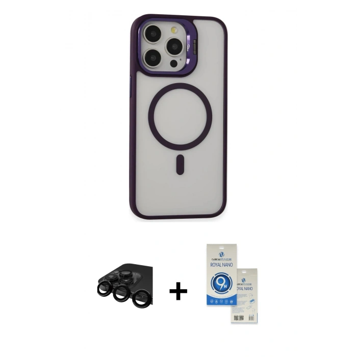 MARSİLYAN™- iPhone 15 Pro Kılıf Ahenk Klasik Özel Seri - Şeffaf Royal Nano Ekran Koruyucu + Siyah Raze Metal Kamera Lens