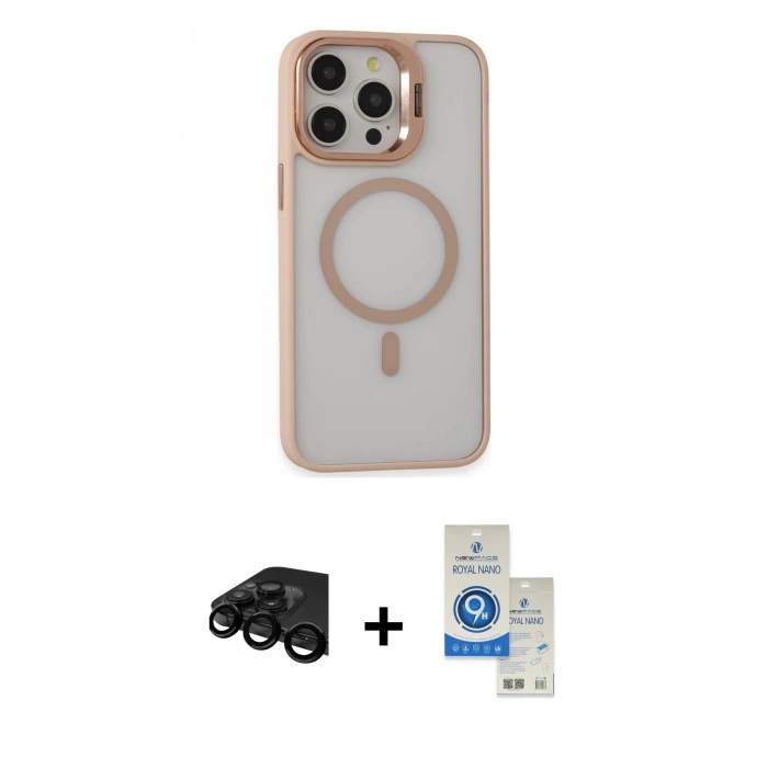 MARSİLYAN™- iPhone 15 Pro Kılıf Ahenk Klasik Özel Seri - Şeffaf Royal Nano Ekran Koruyucu + Siyah Raze Metal Kamera Lens