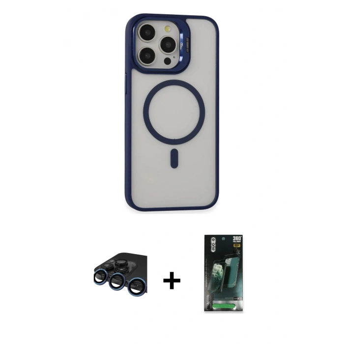 MARSİLYAN™- iPhone 15 Pro Kılıf Ahenk Klasik Özel Seri - Siyah 360 Mat Full Body Arka Koruyucu + Raze Metal Kamera Lens - LT
