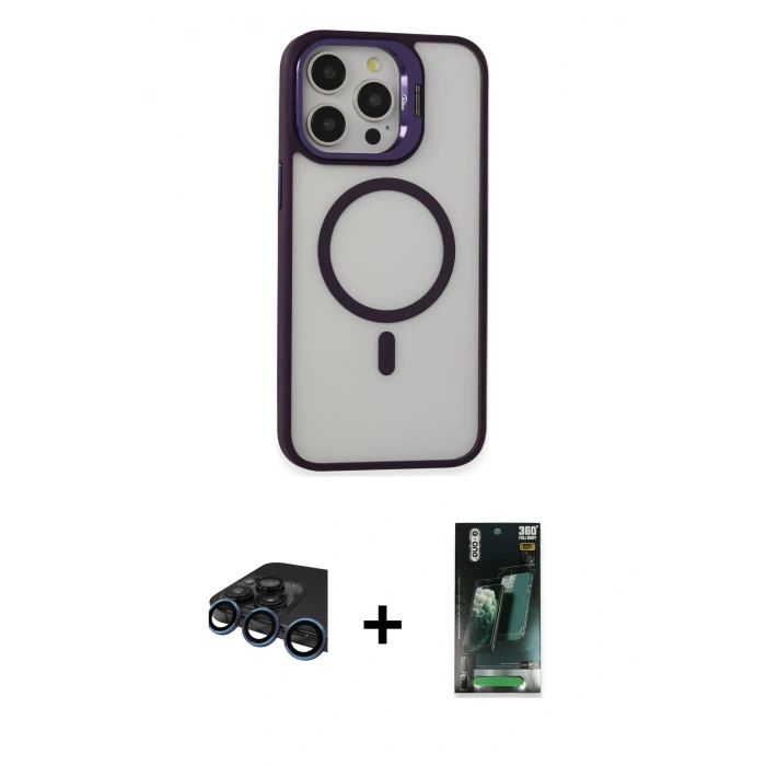 MARSİLYAN™- iPhone 15 Pro Kılıf Ahenk Klasik Özel Seri - Siyah 360 Mat Full Body Arka Koruyucu + Raze Metal Kamera Lens - LT