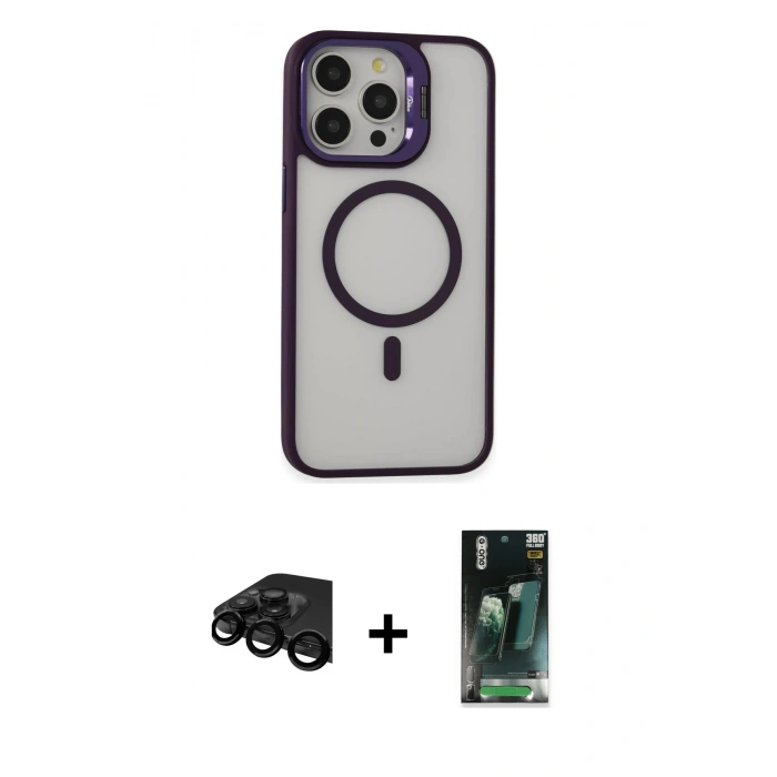 MARSİLYAN™- iPhone 15 Pro Kılıf Ahenk Klasik Özel Seri - Siyah 360 Mat Full Body Arka Koruyucu + Raze Metal Kamera Lens - SH