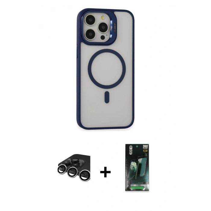 MARSİLYAN™- iPhone 15 Pro Kılıf Ahenk Klasik Özel Seri - Siyah 360 Mat Full Body Arka Koruyucu + Raze Metal Kamera Lens - GS