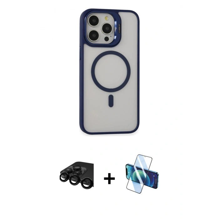 MARSİLYAN™- iPhone 15 Pro Kılıf Ahenk Klasik Özel Seri - Siyah 3D Antistatik Cam Ekran Koruyucu + Raze Metal Kamera Lens - SH