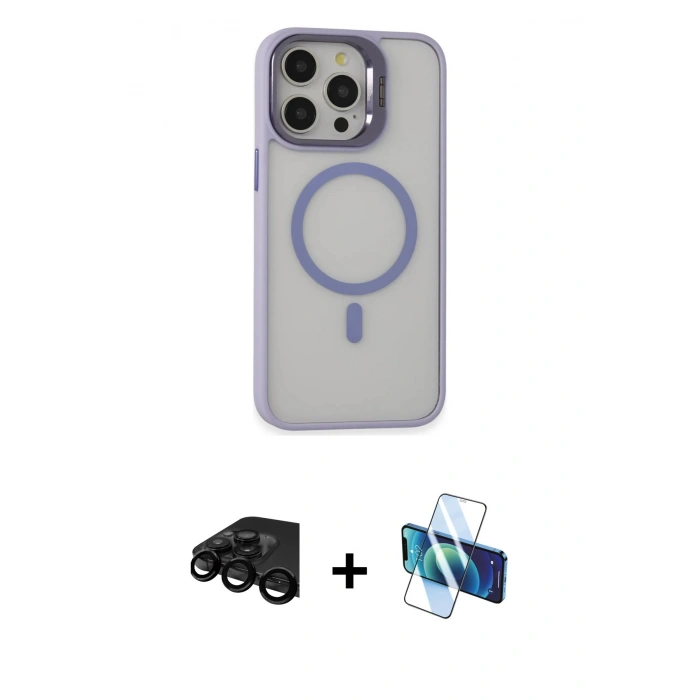 MARSİLYAN™- iPhone 15 Pro Kılıf Ahenk Klasik Özel Seri - Siyah 3D Antistatik Cam Ekran Koruyucu + Raze Metal Kamera Lens - SH