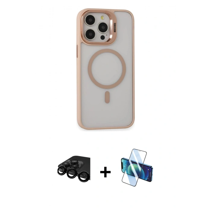 MARSİLYAN™- iPhone 15 Pro Kılıf Ahenk Klasik Özel Seri - Siyah 3D Antistatik Cam Ekran Koruyucu + Raze Metal Kamera Lens - SH