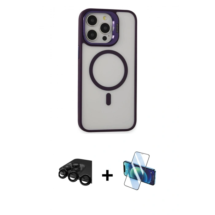MARSİLYAN™- iPhone 15 Pro Kılıf Ahenk Klasik Özel Seri - Siyah 3D Antistatik Cam Ekran Koruyucu + Raze Metal Kamera Lens - SH