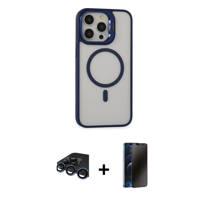 MARSİLYAN™- iPhone 15 Pro Kılıf Ahenk Klasik Özel Seri - Siyah 3D Antistatik Hayalet Cam Ekran Koruyucu + Raze Metal Kamera Lens - LT